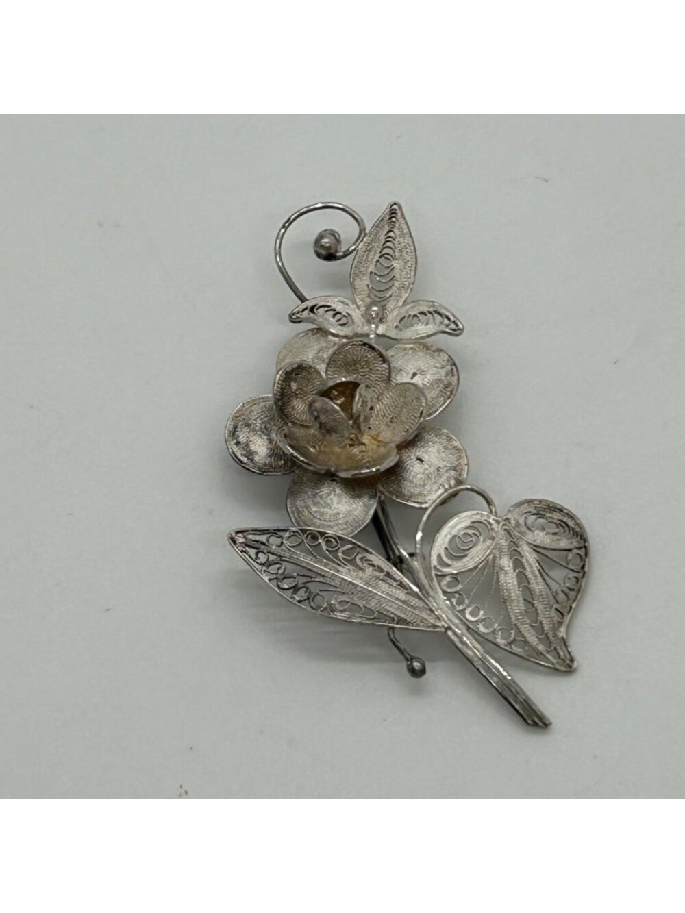 Antique Spun Silver Filigree  925 Floral Brooch Pin C Clasp Heart Flower READ